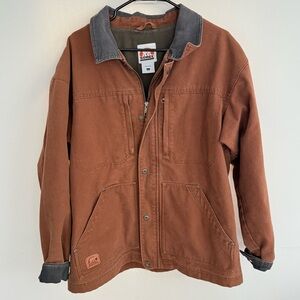 Sorel Canvas Chore Work Trucker Jacket In A Brown Color With A Corduroy Collar